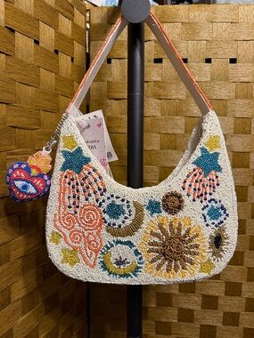 Marshalls White Beaded Shoulder Bag with Multicolor Star & Floral Motifs
